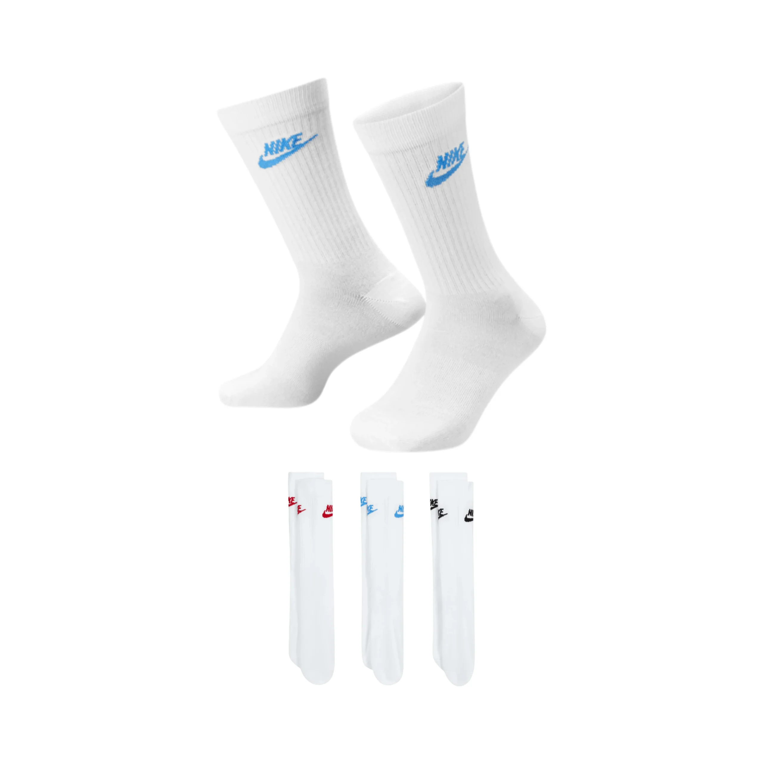 Nike-Sportswear-Everyday-Essential-Crew-Socks-White-with-Multicoloured-Logos-Size-XL-3-Pairs Nike Sportswear Everyday Essential Crew Socks White with Multicoloured Logos (Size XL) 3 Pairs - Image 1